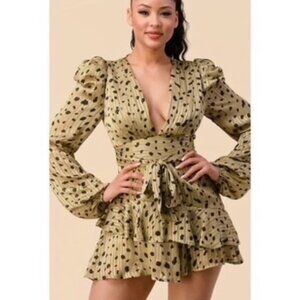 Long Sleeve Deep V-Neck Polka Dot Ruffle Romper